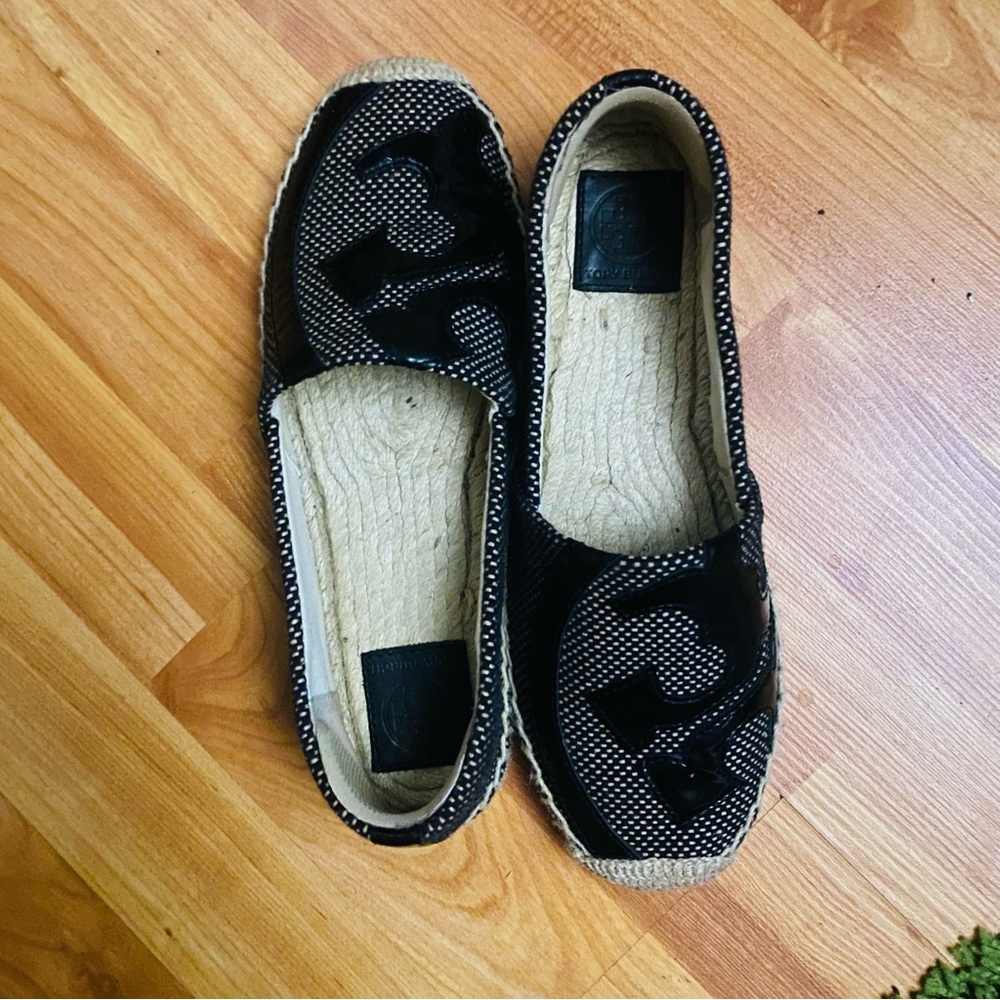7.5-Tory Burch Woven Espadrille Flat, Black/Brown-worn twice!